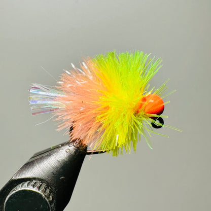 Blend of coral pink, vibrant atomic yellow with a fluorescent orange tungsten bead