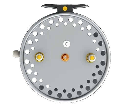 Close-up of a fishing reel with metallic and black design on a black background