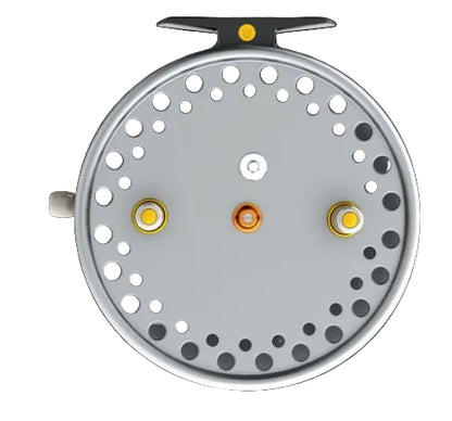 Close-up of a fishing reel with metallic and black design on a black background